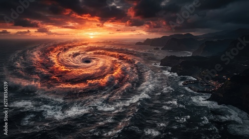 Powerful swirling ocean vortex forming a massive dark typhoon under a dramatic fiery sunset sky along a rugged dark rocky coastline