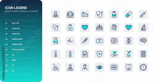 Healthcare and medical icon set with blue and teal accents on a gradient background