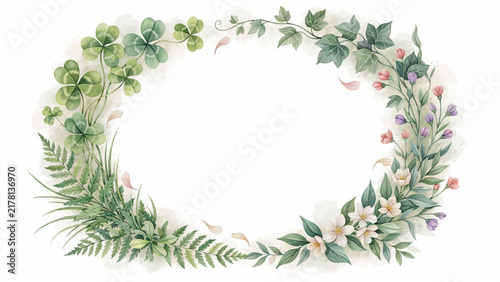 Fresh green clover and delicate floral border with soft petals during spring celebration
