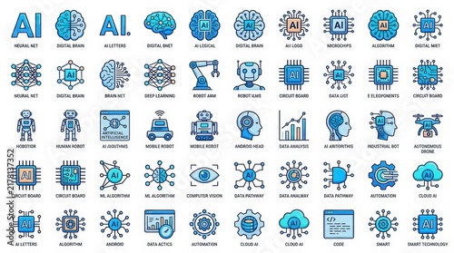 Artificial intelligence icon set, 50 blue linear AI technology symbols, digital brain and robotics icons for software development