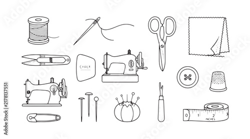 Obraz na plátne Vintage sewing icons set, black and white line art tailoring tools, collection o