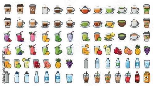 Beverage icon collection, 72 colorful drink illustrations including coffee and smoothies, flat vector style cafe menu graphics