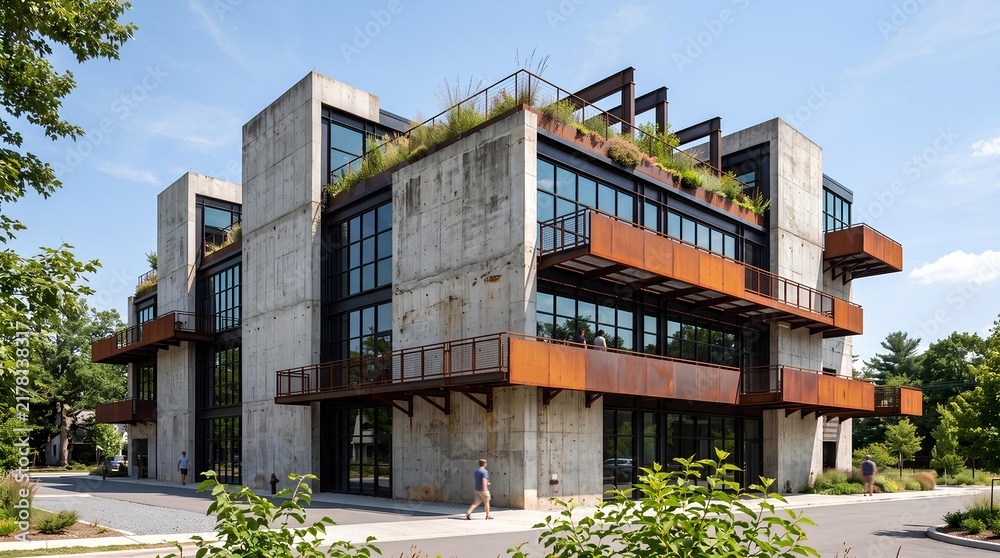 Fototapeta premium Modern concrete building featuring lush vertical gardens and rooftop vegetation.