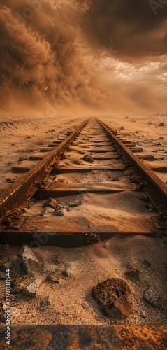 Abandoned Railway Tracks Through a Barren Desert During a Dramatic Dust Storm Under Dark Storm Clouds