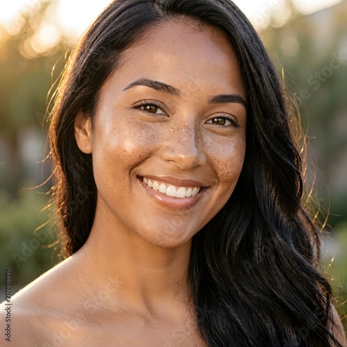 Young Latina Woman With Freckles and Glowing Olive Skin