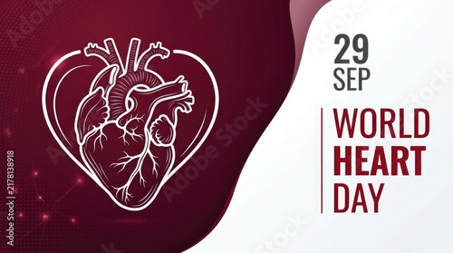 World heart day concept with anatomical heart illustration on dark red background