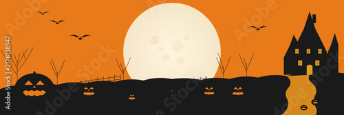 Halloween Orange Moon Spooky Haunted House Banner Silhouette Dark Night Bats Autumn Pumpkin Pumpkins Horizon Vector Illustration