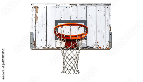 A weathered basketball hoop and backboard isolated on a black background.