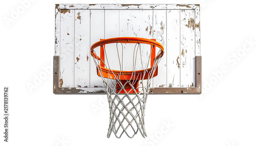 A weathered basketball hoop and net against a black background.