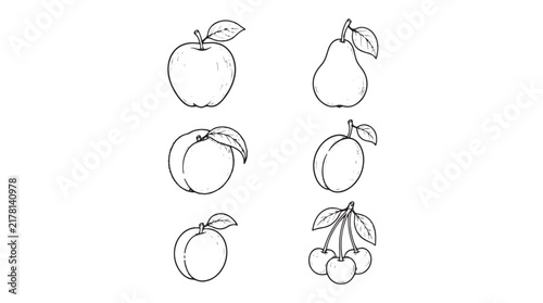 Minimalist fruit line art icons, set of 6 hand drawn fruit sketches, black and white apple pear and cherry vector illustrations
