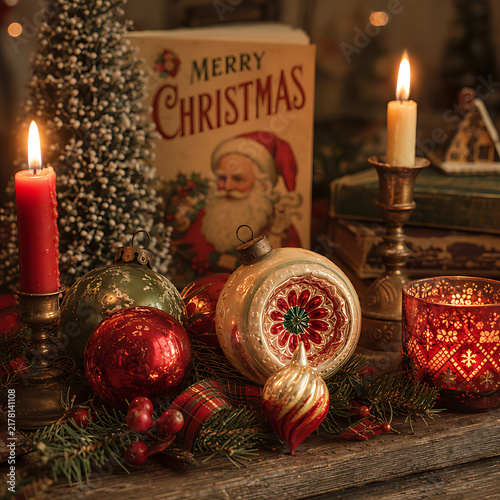 Cozy, nostalgic Christmas scene featuring lit candles, vintage ornaments, evergreen boughs, and a Santa sign on old wood.