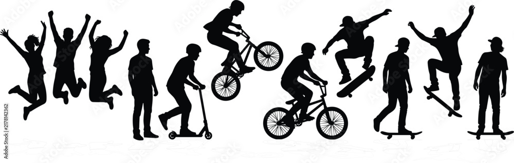 Obraz premium Extreme sports youth lifestyle vector illustration with teens jumping riding skateboards bicycles and push scooters active silhouettes