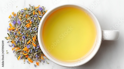 White cup filled with herbal tea next to a pile of dried leaves and flower petals