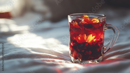 Glass mug filled with red herbal tea and yellow flowers sitting on a bed