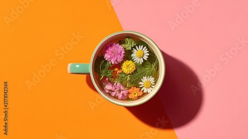 Herbal tea in a mug with colorful flowers and green leaves on split orange and pink background