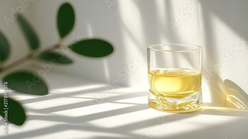 Glass of yellow drink with green leaves resting on a white surface in bright sunlight