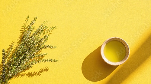 Yellow background with a small ceramic bowl of oil and green herb branches