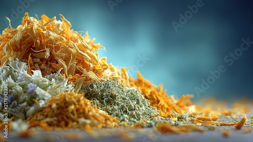 Dried herbs flowers yellow green white herbal tea ingredients alternative medicine