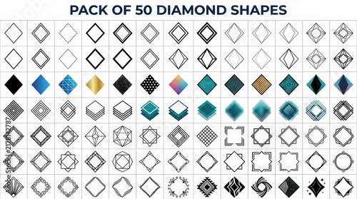 Geometric diamond shapes collection, pack of 50 minimalist rhomboid icons, black and gold luxury logo elements for branding