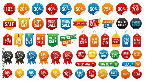Colorful sale tags and discount stickers set, retail promotional labels with percentage off, marketing price badges for shopping