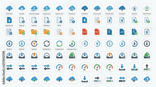 Modern cloud computing icons set, flat data storage and file transfer symbols, blue and orange digital interface elements for web design