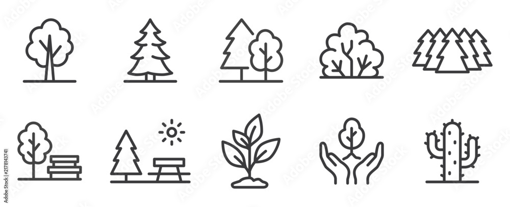 Fototapeta premium Forest line icon set. Tree, pine, woodland, bush, park bench, picnic table, seedling, conservation, cactus linear minimal vector illustration. Simple outline signs. Editable Stroke pictogram.