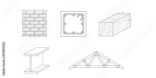 Set of architectural construction materials and structural elements icons vector illustration