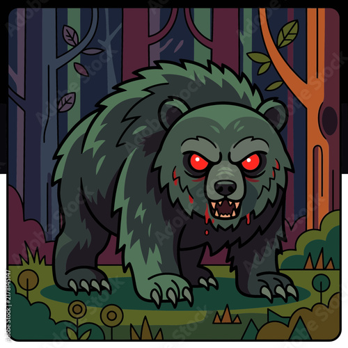 Fearsome Green Bear with Glowing Red Eyes