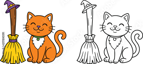 Cute cartoon cat and magic broomstick coloring page for kids, colored example and outline vector illustration.
