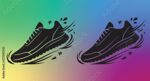 Two modern black running shoes with dynamic motion accents on a vibrant green, blue, purple, and pink gradient background, representing sports, fitness, speed, and active lifestyle