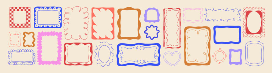 Tableau sur toile Chambre d’enfants Cute hand-drawn frames, doodle line borders. Wave border cards, wavy sketch pattern frames of square, rectangle, oval shape. Doodle hand-drawn background, cute whimsical designs. Vector illustrations  © Good Studio