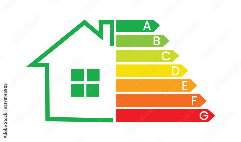 Obraz premium Energy efficiency rating label with house icon and a to g scale vector