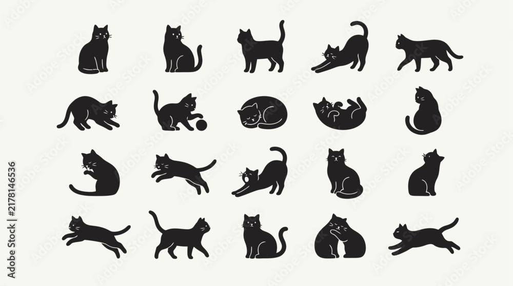 Fototapeta premium Cat Silhouettes Set Black Kitten Poses Sitting Walking Sleeping