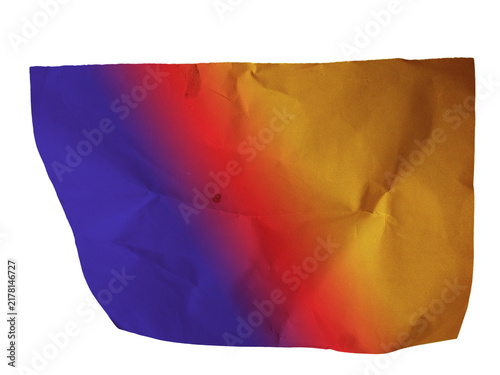 Abstract crumpled paper texture with blue red and yellow gradient isolated on transparent background