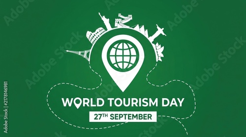 World tourism day celebration poster with global landmarks and location pin icon