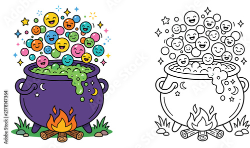 Cute magic cauldron with campfire and smiley face bubbles coloring page for kids, colored example and outline vector illustration.
