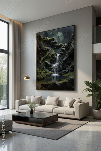 Large artwork depicting a waterfall hangs on a wall in a modern living room with natural light and simple furniture