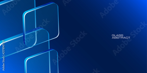 Abstract blue glass geometric background featuring transparent rounded shapes and layered lines on a dark blue gradient