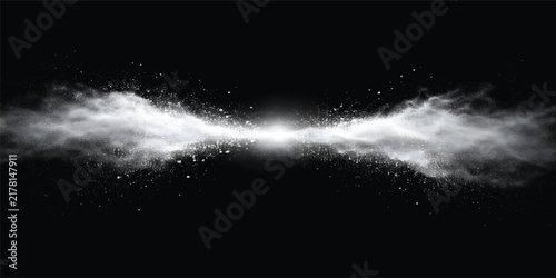 Abstract White Powder Splash Wave on Black Background, Dynamic Dust Particle Burst and Light Effect