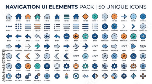 Navigation UI elements pack with 50 unique icons. Modern interface buttons for web design. Flat vector navigation symbols for apps.
