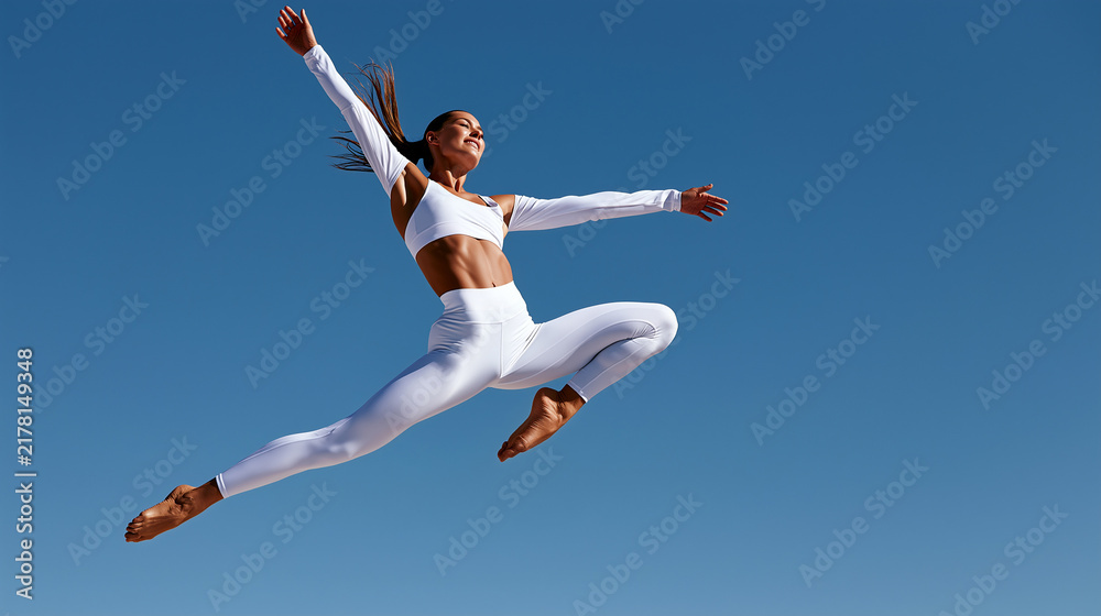 Fototapeta premium Elegant woman in a chic black and white outfit lounges on a minimalist rooftop chaise, golf club angled across her lap, overlooking a lush green course under bright sunlight.