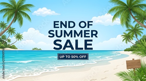 End of summer sale promotion banner with tropical beach and palm trees tropical promotion