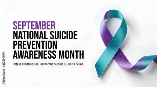 National suicide prevention awareness month concept with teal and purple ribbon on white background
