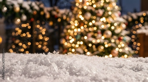 Snowy ground texture outdoors with glowing bokeh christmas tree lights in winter background