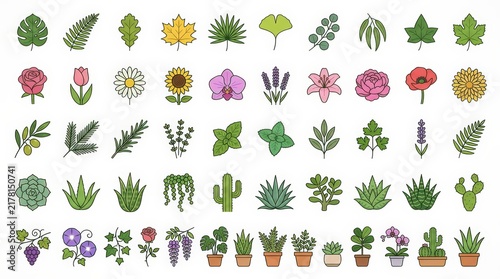 Minimalist botanical icon set, 50 flat line nature symbols. Colorful plant and flower illustrations, garden and houseplant graphics.