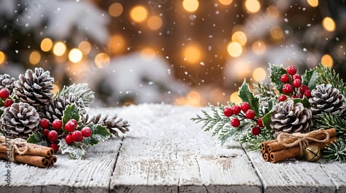 Winter holiday background with snow covered wooden table and pine cones christmas background