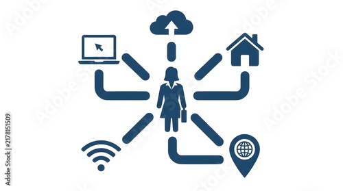 Businesswoman Connected to Remote Work Icons Cloud Wifi Home Laptop