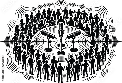 Vintage microphone surrounded by a large crowd of people silhouette