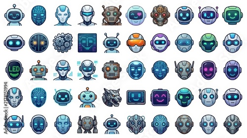 Futuristic robot head icons set, 50 unique android avatar illustrations. Modern AI chatbot faces, digital technology character collection.