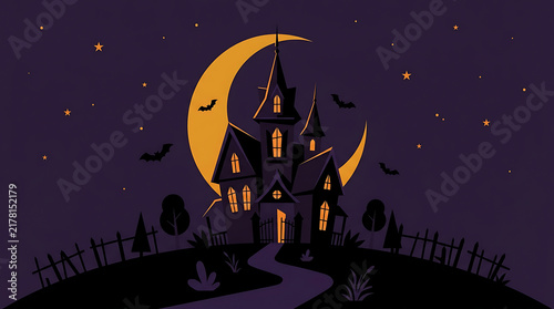 Spooky haunted house silhouette under a large crescent moon at night